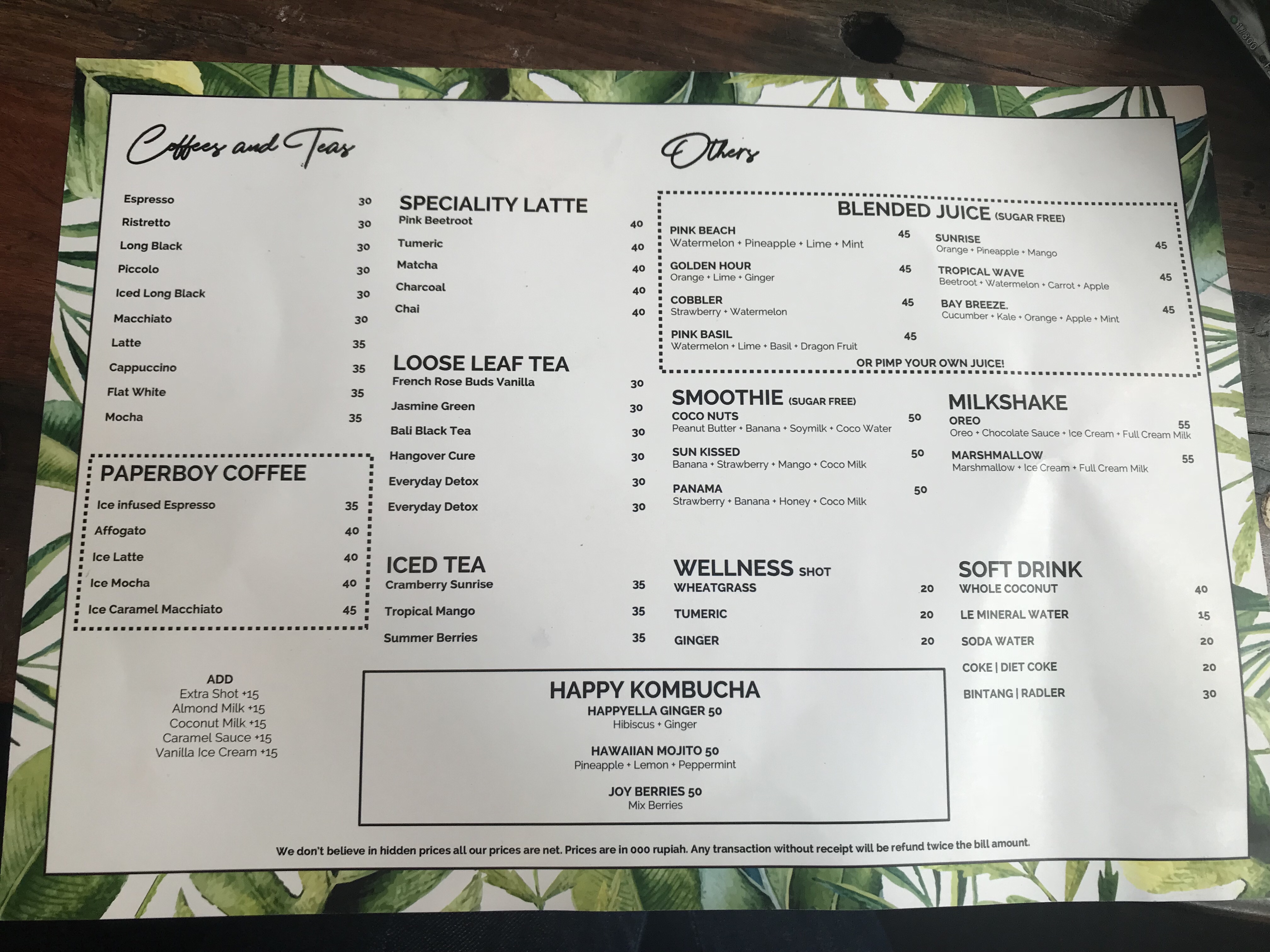 Paperboy　ペーパーボーイ　クタ　Kuta　カフェ　Cafe　バリ島　Bali　メニュー　Menu
