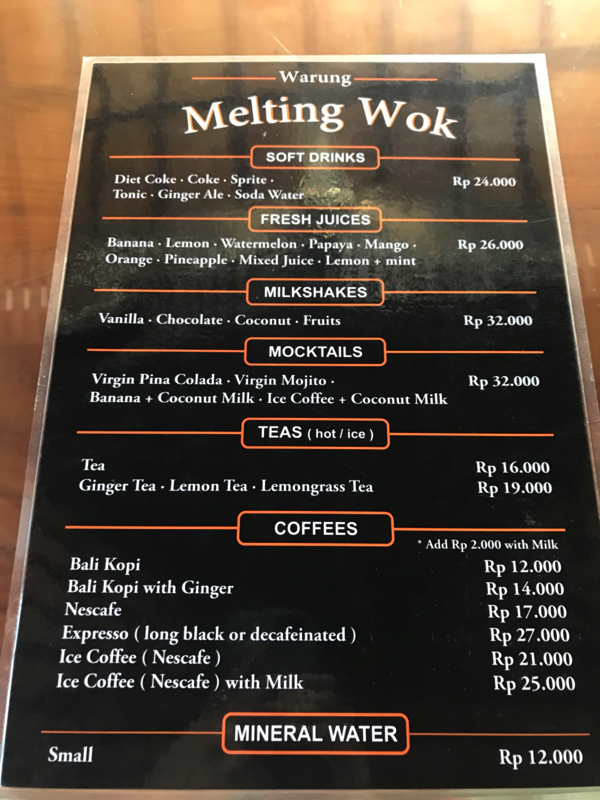 MeltingWokWarung　メルティングウォックワルン　ウブド　Ubud　Bali　バリ島 menu メニュー